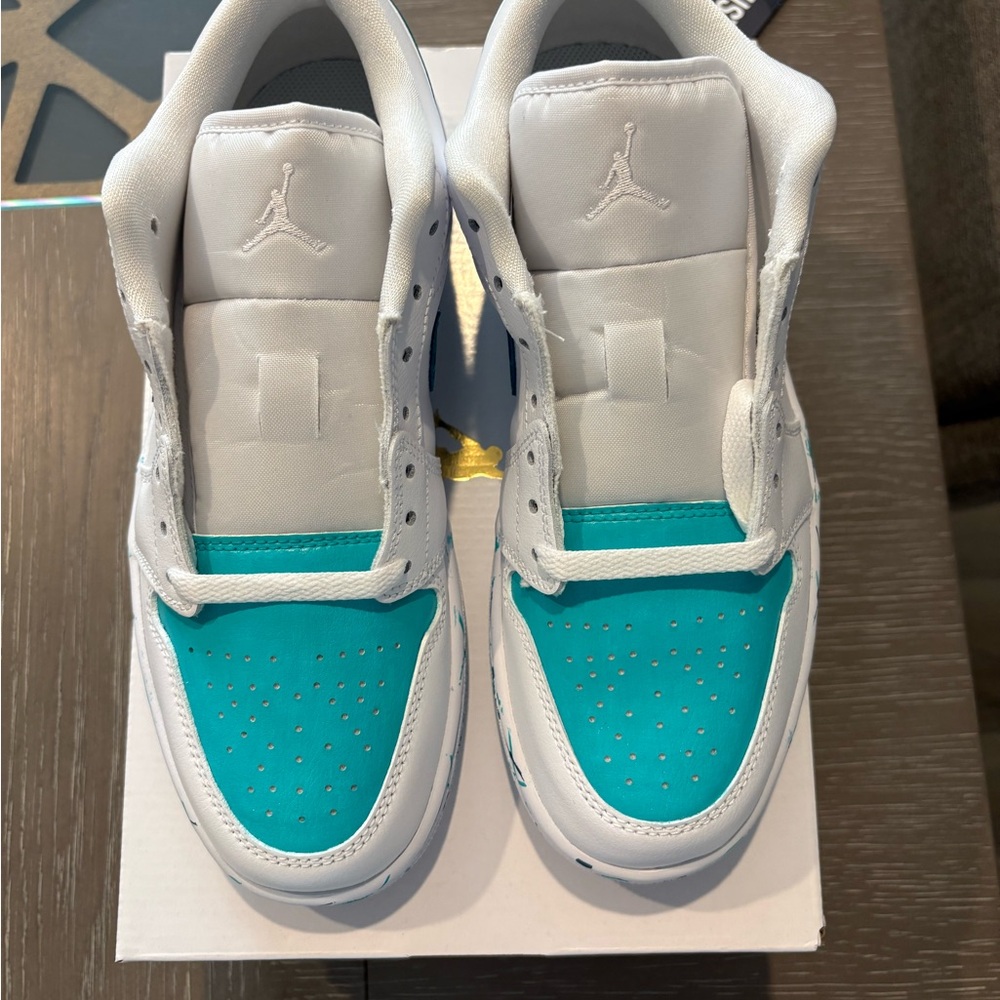 Custom Painted Nike Air Jordan 1 Low White and Turquoise Sneakers